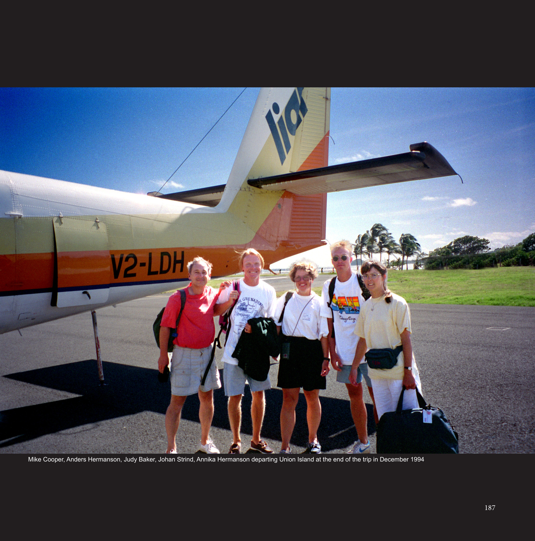 Mike Cooper, Anders Hermanson, Judy Baker, Johan Strind, Annika Hermanson departing Union Island at the end of the trip in December 1994